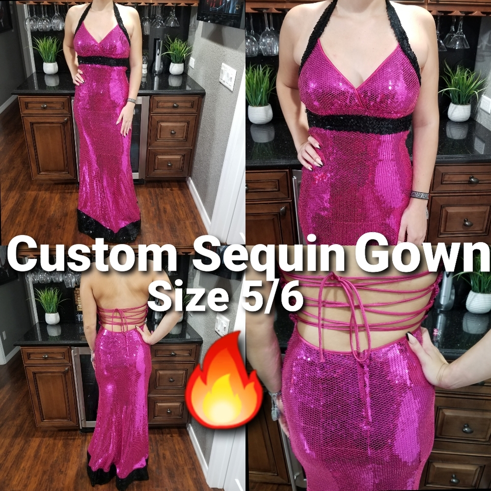 🏆CUSTOM PINK~BLACK SEQUIN GOWN! 🔥A SHOW-STOPPER